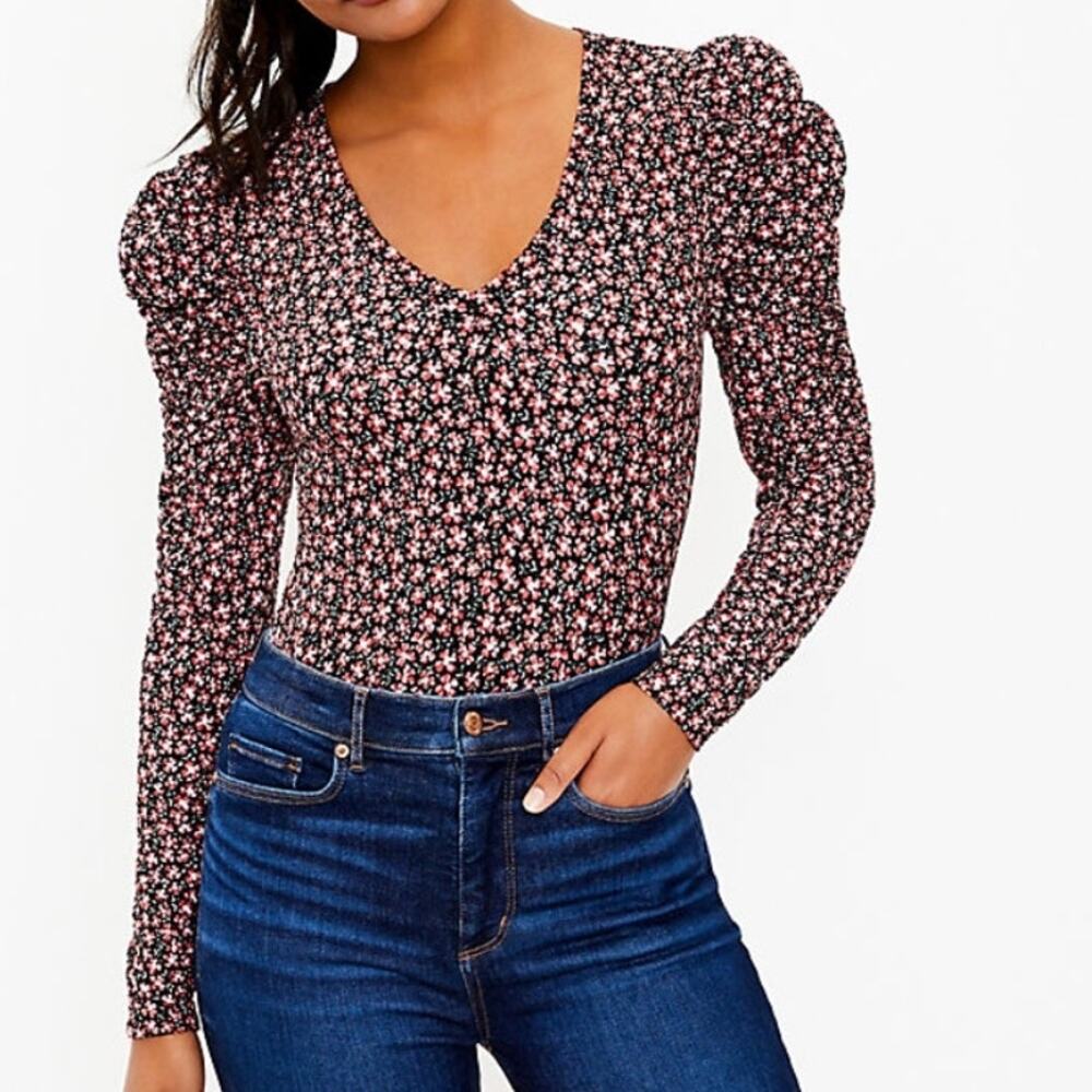 LOFT Floral V-Neck Blouse with Puff Sleeves